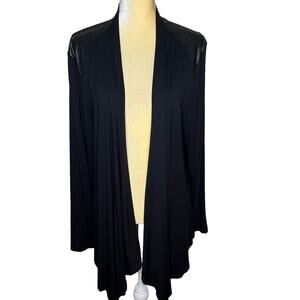 Chicos Black Open Front Jacket Cardigan with Faux Leather Trim Size 3 XL D5-12